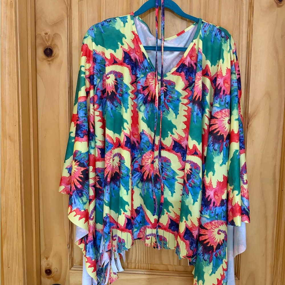 Boho Tie Dye NWOT Asymmetrical Tunic Cape with 3/4 Bell Sleeves.